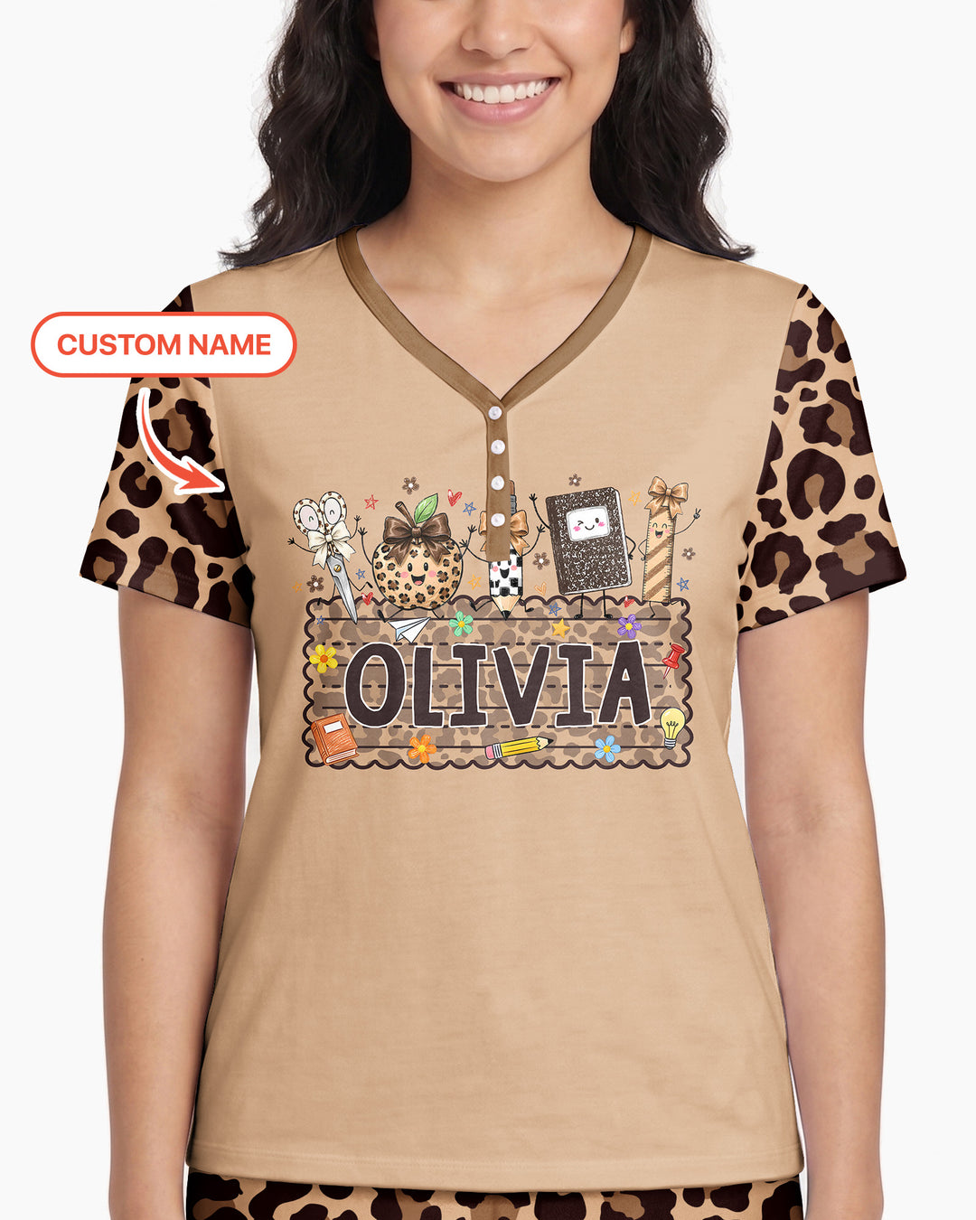 Custom Name School Sweetheart Leopard Bamboo Women Short Sleeve Short Pajama Set