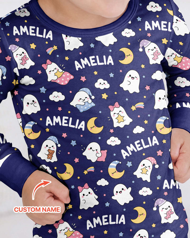 Sweet Dreams Cute Ghost Custom Name Bamboo Two Piece Long Sleeve Pajama Set