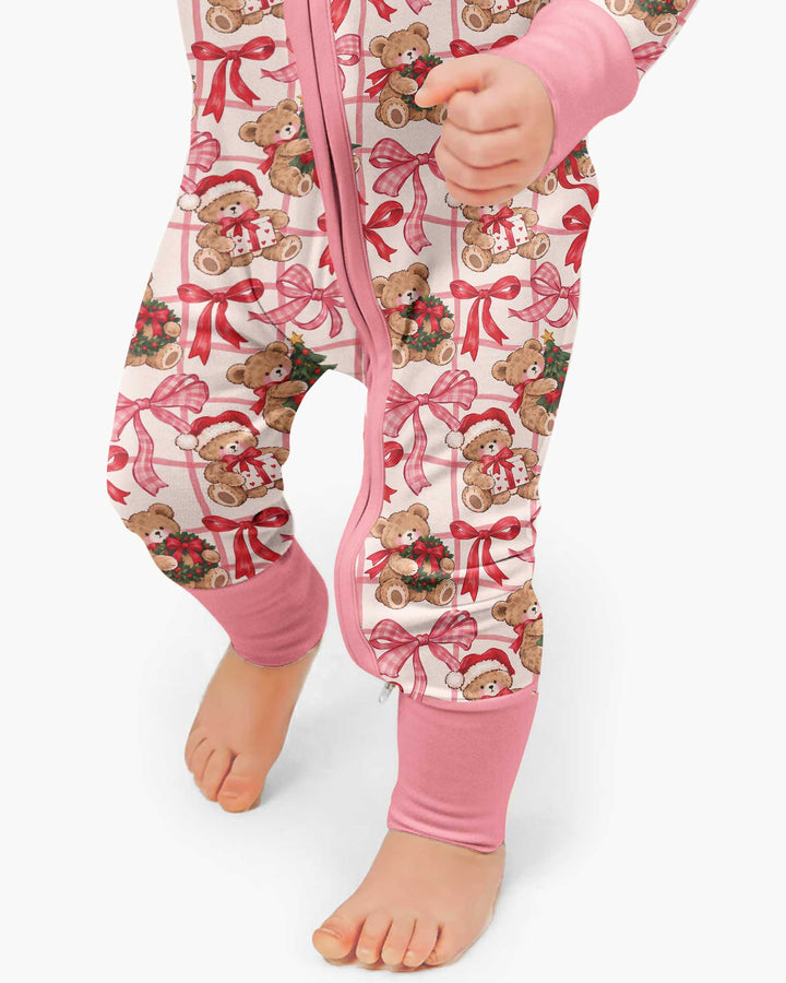 Pink Christmas Teddy Bear Plaid Mommy & Me Matching Bamboo Convertible Zippy