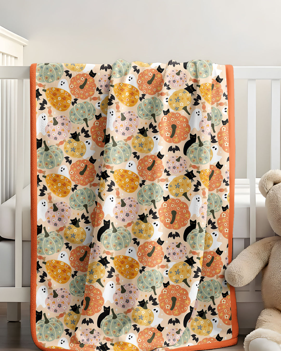 Floral Pumpkin Ghost Halloween Bamboo Blanket