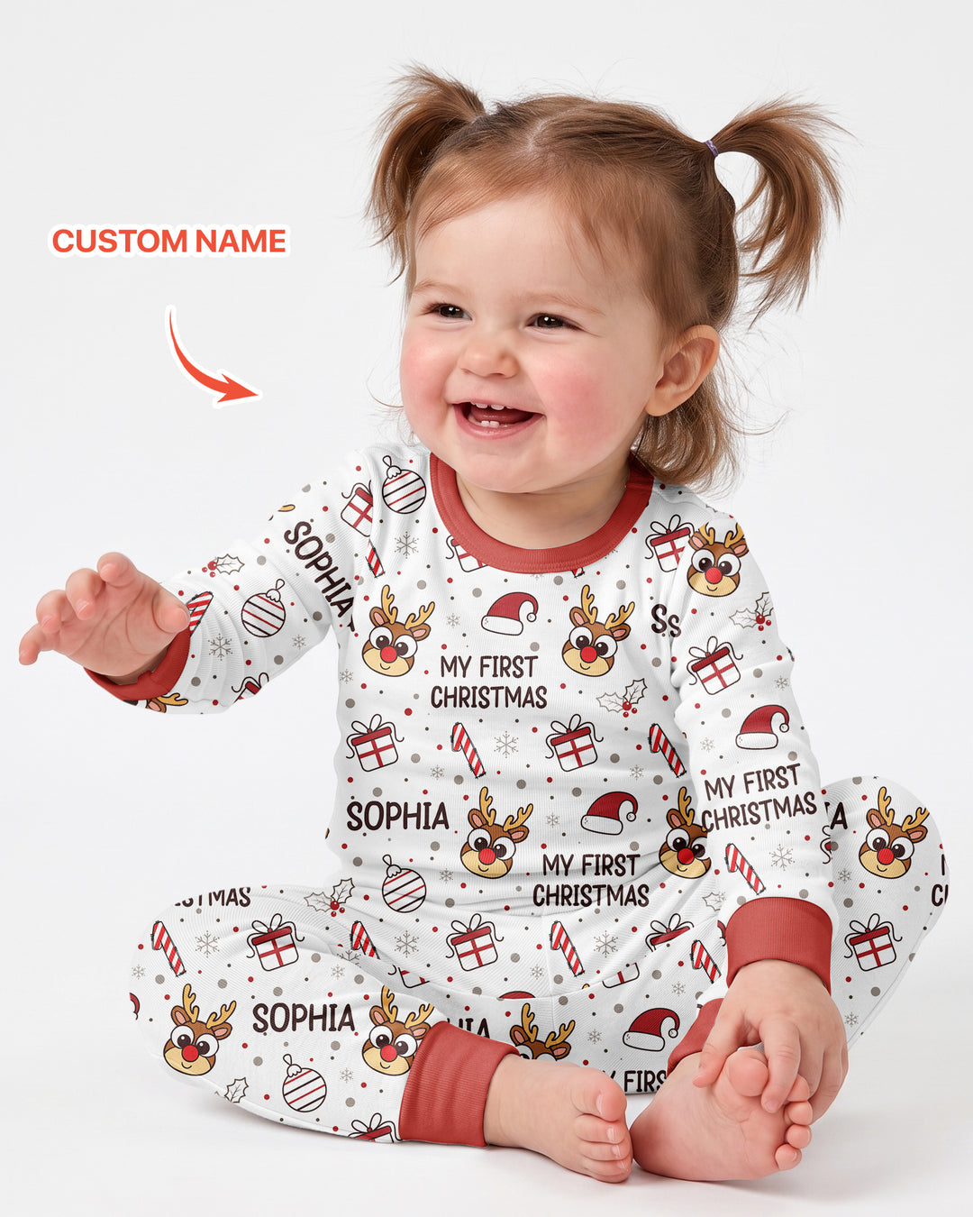 Custom Name Reindeer Doodle My First Christmas Bamboo Two Piece Long Sleeve Pajama Set