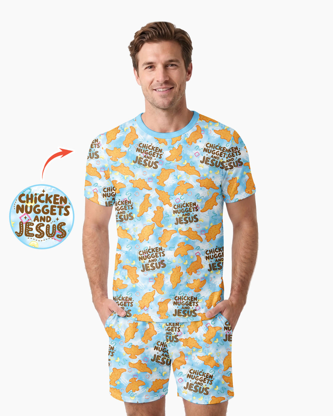 Chicken Nuggets and Jesus Family Matching Bamboo Men Short Sleeve Short Pajama Set