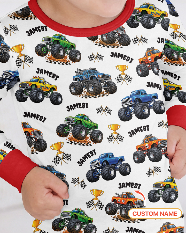 Custom Name Monster Trucks Bamboo Two Piece Long Sleeve Pajama Set