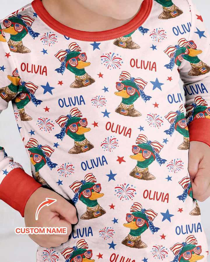 Custom Name Patriotic Mallard Duck Bamboo Two Piece Long Sleeve Pajama Set