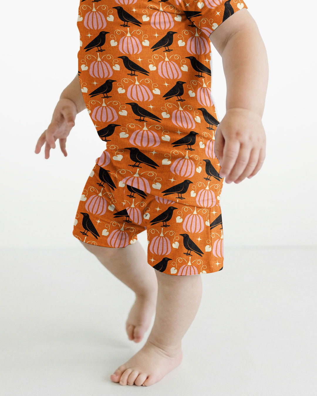 Ravens in a Pumpkin Patch - Orange Pink Bamboo Two Piece Short Sleeve Shorts Pajama Set