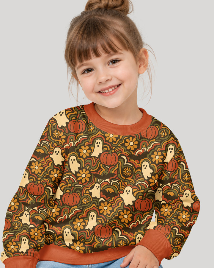 Retro Halloween Ghost Pumpkin Floral Bamboo Crewneck Sweatshirt