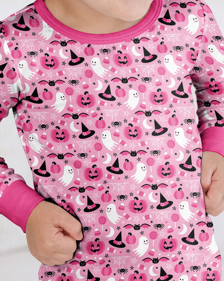 Cute Pink Halloween Ghost Pumpkin Witch Bamboo Two Piece Long Sleeve Pajama Set