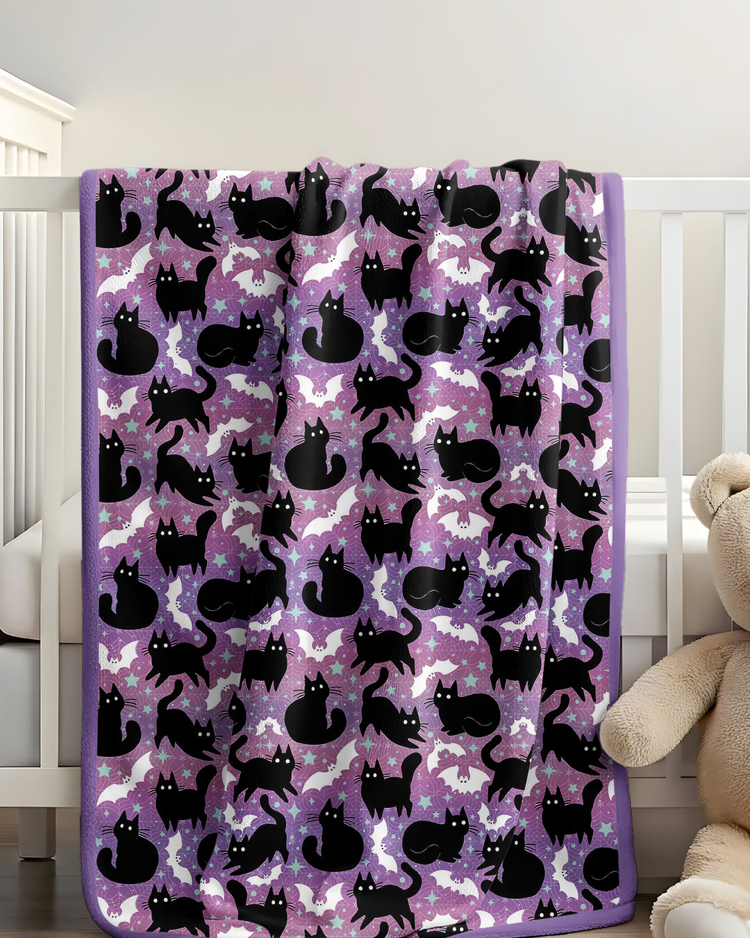 Spooky Black Cat Halloween Purple Bats Bamboo Blanket