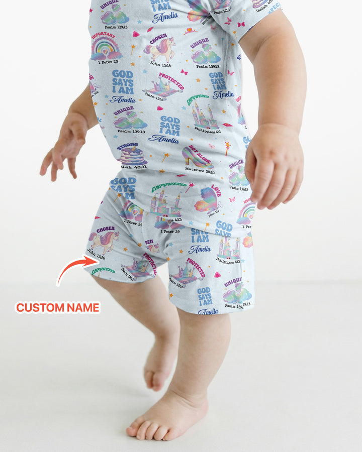 God Says I Am Custom Name - Dreamy Princess Bamboo Two Piece Short Sleeve Pajama Set