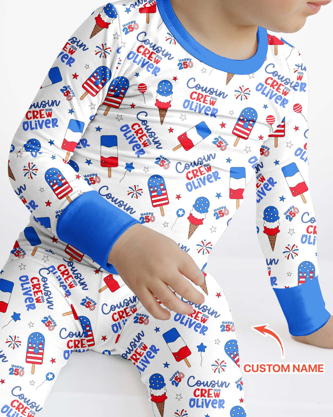 Custom Name 4th of July Cousin Crew Bamboo Two Piece Long Sleeve Pajama Set