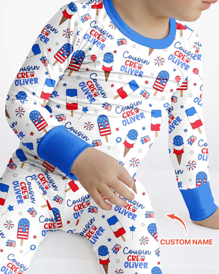 Custom Name 4th of July Cousin Crew Bamboo Two Piece Long Sleeve Pajama Set