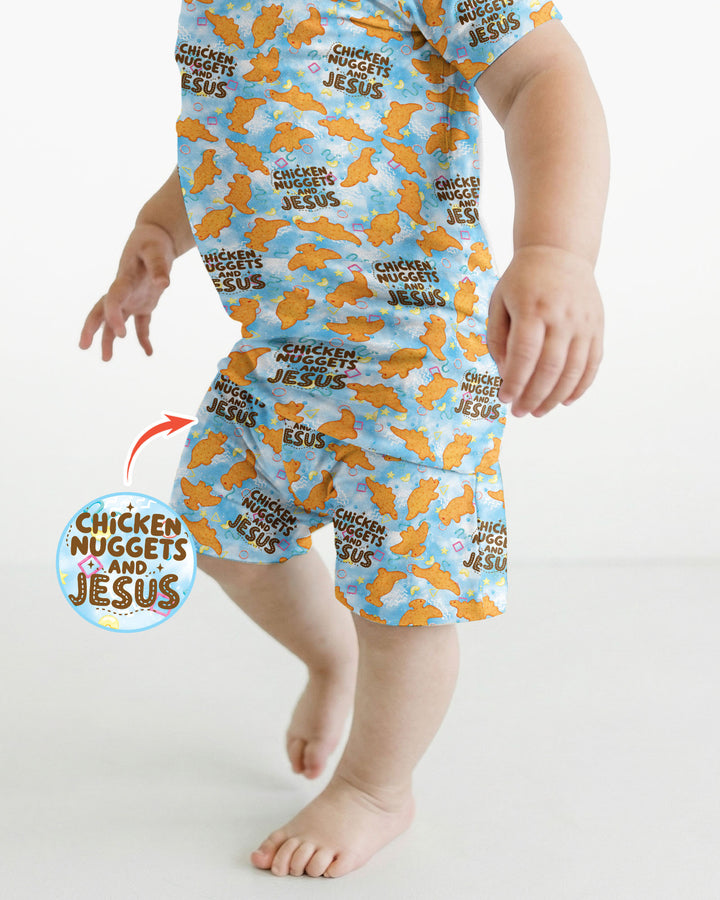Chicken Nuggets and Jesus Family Matching Bamboo Two Piece Short Sleeve Shorts Pajama Set