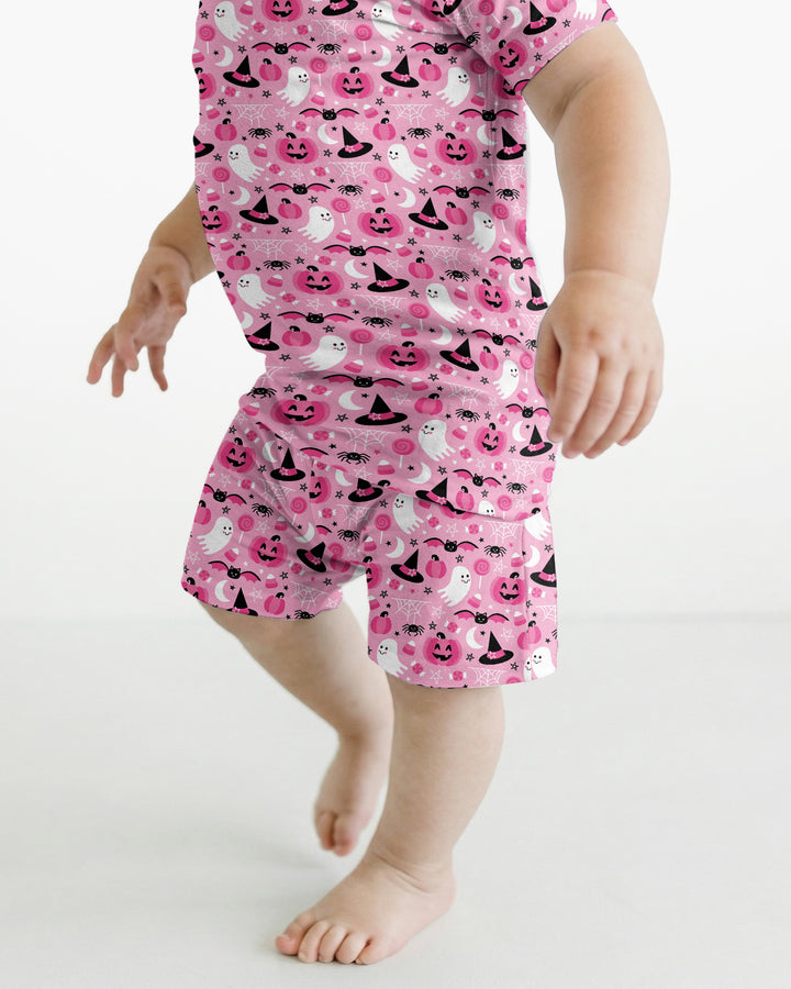 Cute Pink Halloween Ghost Pumpkin Witch Bamboo Two Piece Short Sleeve Shorts Pajama Set