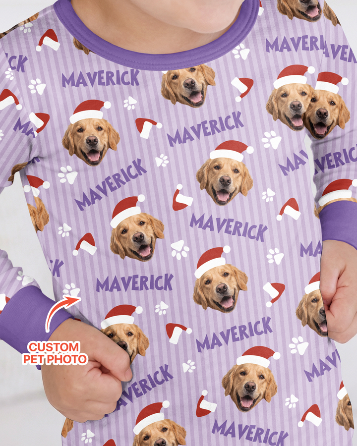 Custom Pet Photo Christmas Paws Stripe Bamboo Two Piece Long Sleeve Pajama Set