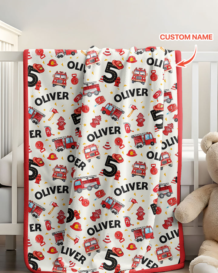 Custom Name Fire Truck Birthday Boy Bamboo Blanket