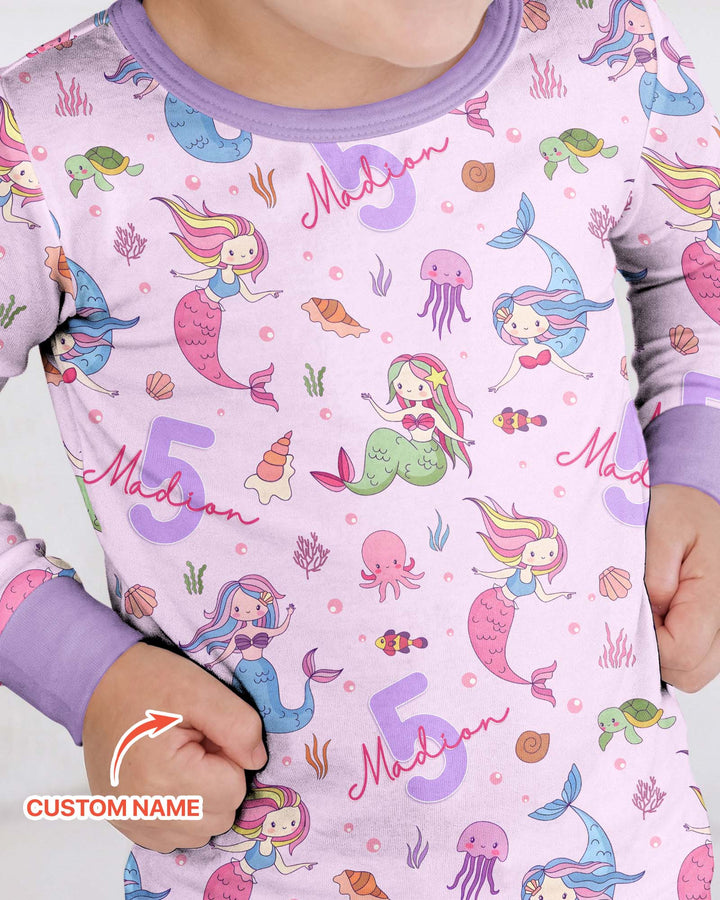 Custom Name Birthday Mermaid Bamboo Two Piece Long Sleeve Pajama Set