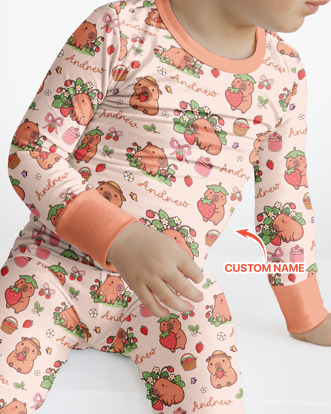 Custom Name Capybara Strawberry Bamboo Two Piece Long Sleeve Pajama Set