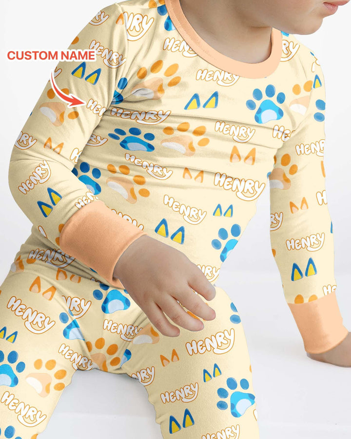Custom Name Favourite Blue Dog Family Matching Bamboo Two Piece Long Sleeve Pajama Set