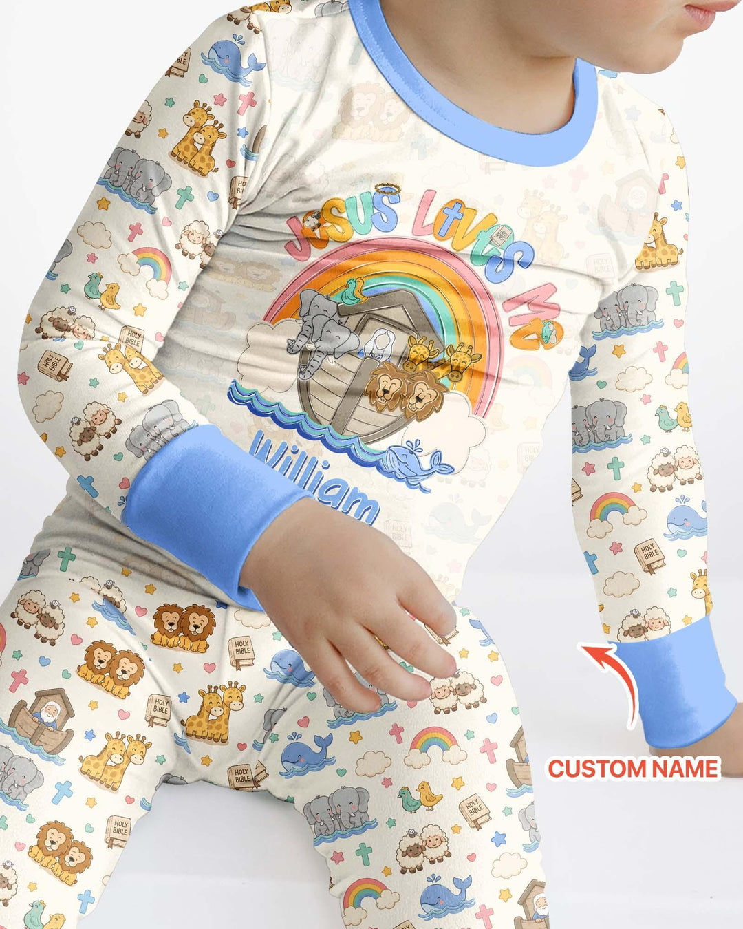 Custom Name Noah's Ark Jesus Loves Me Bamboo Two Piece Long Sleeve Pajama Set