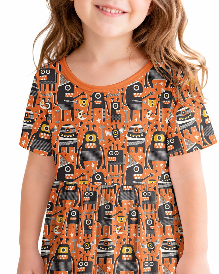 Mid Century Halloween Monster Toss Bamboo Twirl Dress