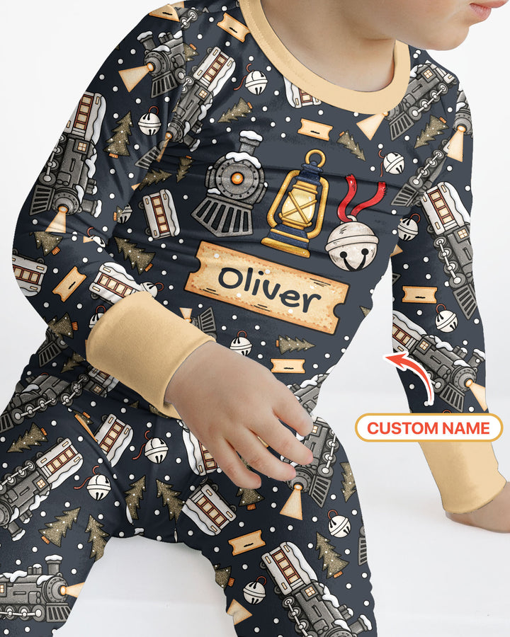 Custom Name Believe Kid Train Bamboo Two Piece Long Sleeve Pajama Set