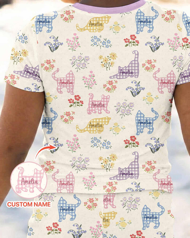 Gingham Cats Custom Name Bamboo Two Piece Short Sleeve Pajama Set
