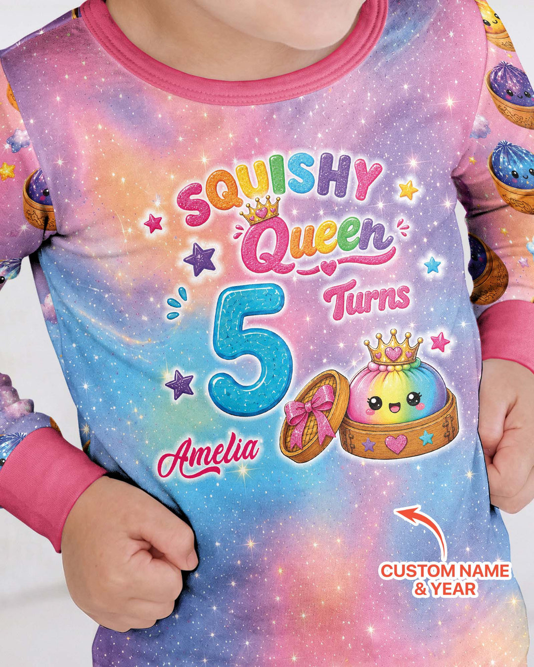 Glitter Dumpling Birthday Girl Custom Name & Age Bamboo Two Piece Long Sleeve Pajama Set