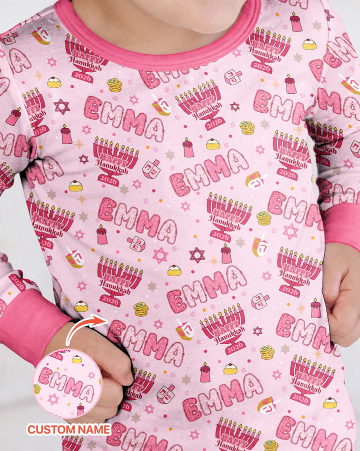 Custom name Happy Hanukkah 2026 Bamboo Two Piece Long Sleeve Pajama Set