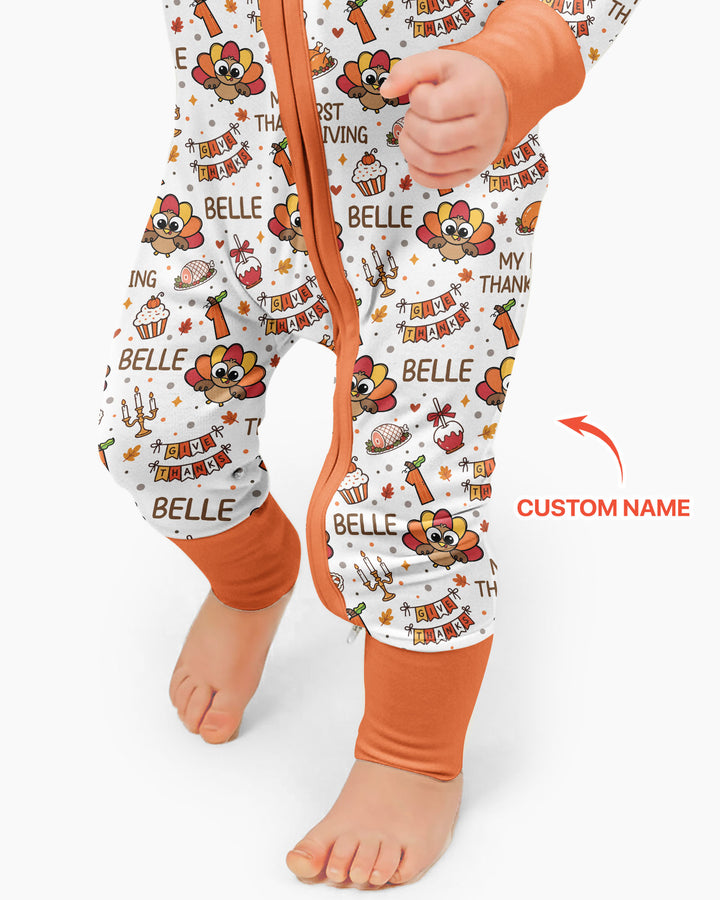 Custom Name Doodle Turkey My First Thanksgiving Bamboo Convertible Zippy