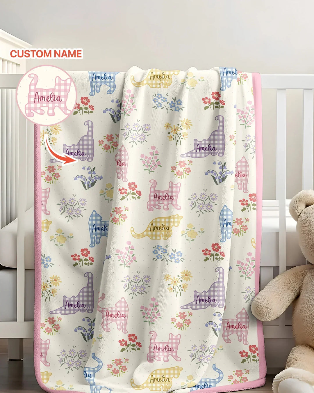 Gingham Cats Custom Name Bamboo Blanket