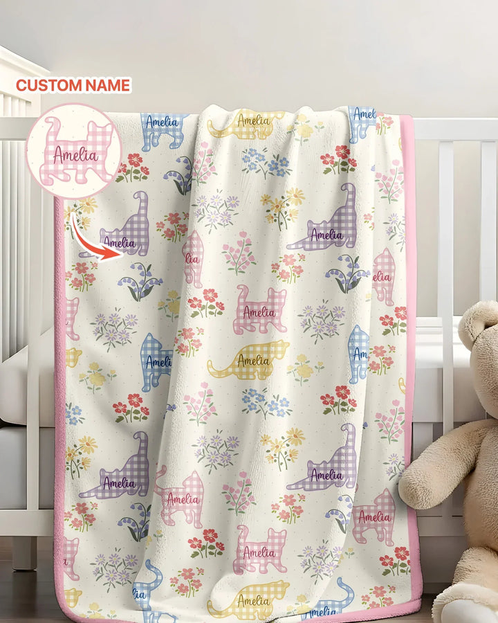 Gingham Cats Custom Name Bamboo Blanket
