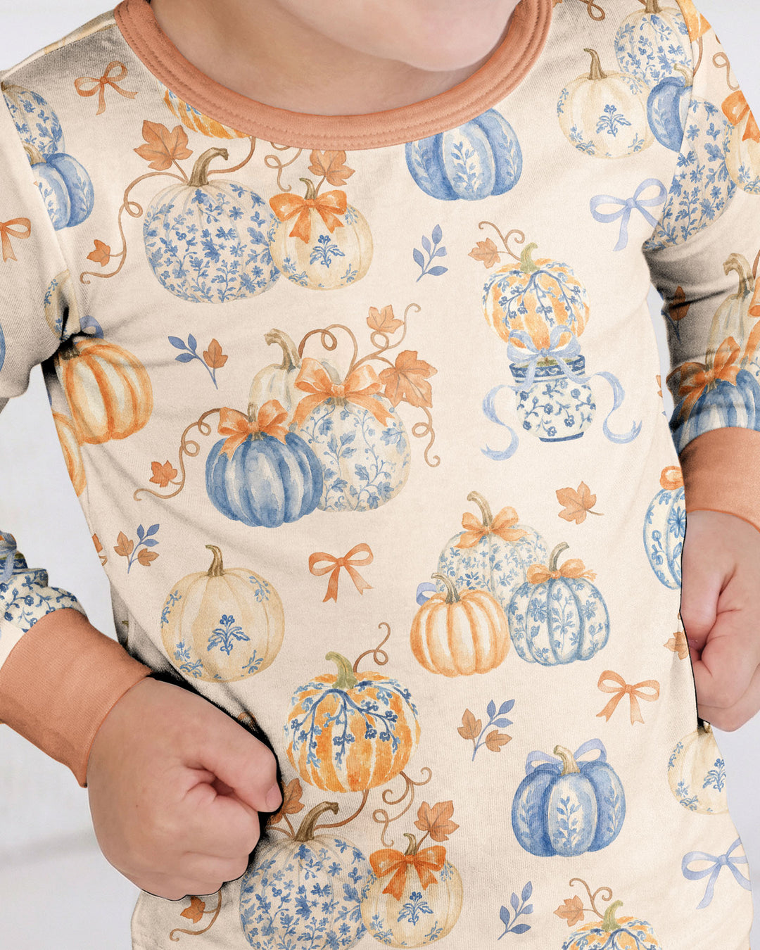 Preppy Blue and Orange Chinoiserie Pumpkin Bamboo Two Piece Long Sleeve Pajama Set