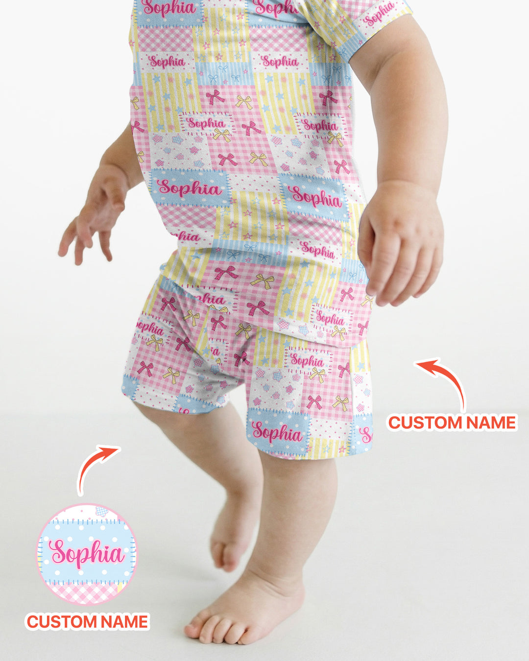 Custom Name Sweet Patchwork Bamboo Two Piece Short Sleeve Shorts Pajama Set