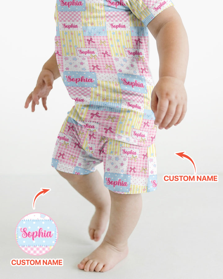 Custom Name Sweet Patchwork Bamboo Two Piece Short Sleeve Shorts Pajama Set