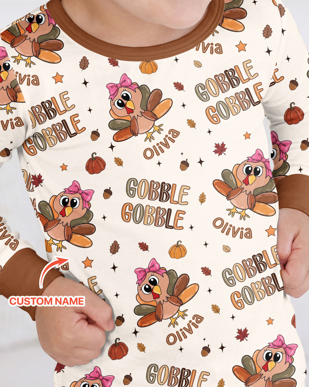 Custom Name Gobble Gobble Bamboo Two Piece Long Sleeve Pajama Set