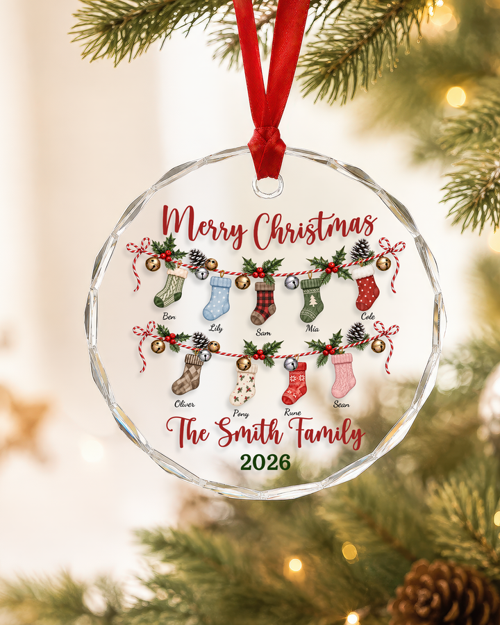 Merry Christmas Stocking Family - Personalized Glass Ornament