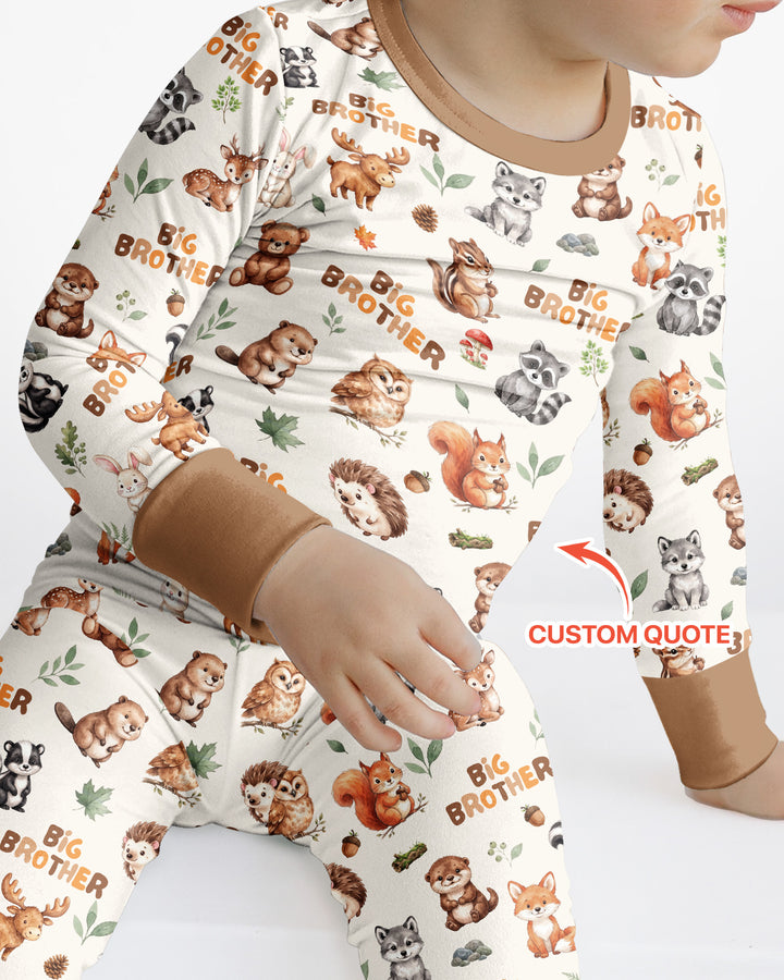 Custom Quote Woodland Animal Matching Sibling Bamboo Two Piece Long Sleeve Pajama Set