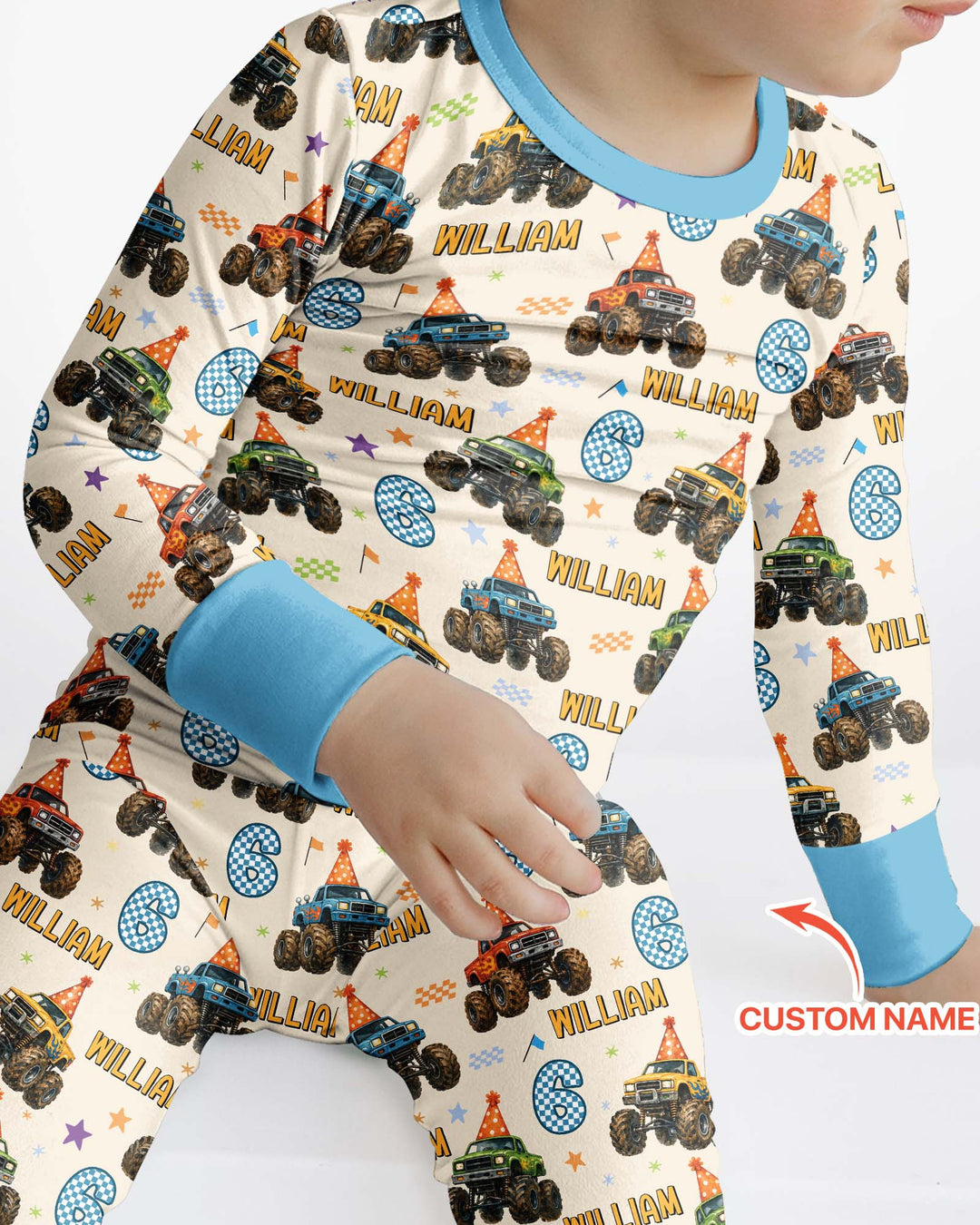 Custom Name Birthday Boy Monster Truck Bamboo Two Piece Long Sleeve Pajama Set