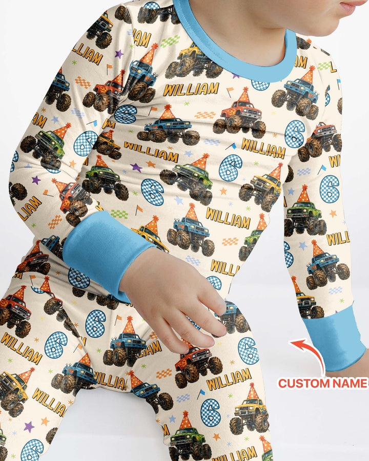 Custom Name Birthday Boy Monster Truck Bamboo Two Piece Long Sleeve Pajama Set