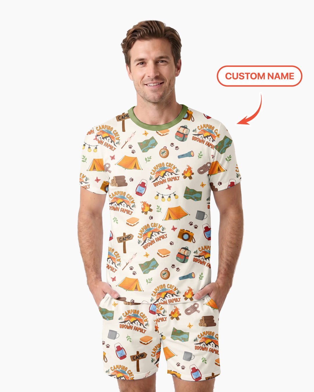 Custom Name Camping Crew Family Matching Bamboo Men Short Sleeve Short Pajama Set