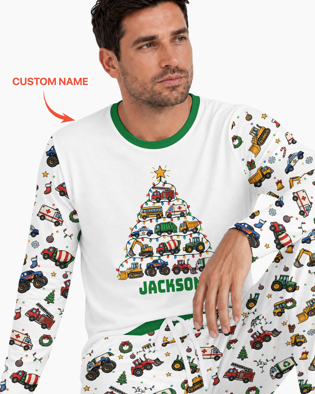 Custom Name Little Trucks Christmas Tree Bamboo Men's Pajama Set