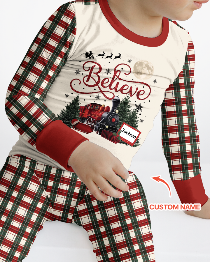 Custom Name Believe Christmas Express Bamboo Two Piece Long Sleeve Pajama Set