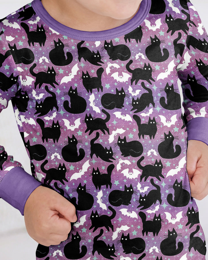 Spooky Black Cat Halloween Purple Bats Bamboo Two Piece Long Sleeve Pajama Set