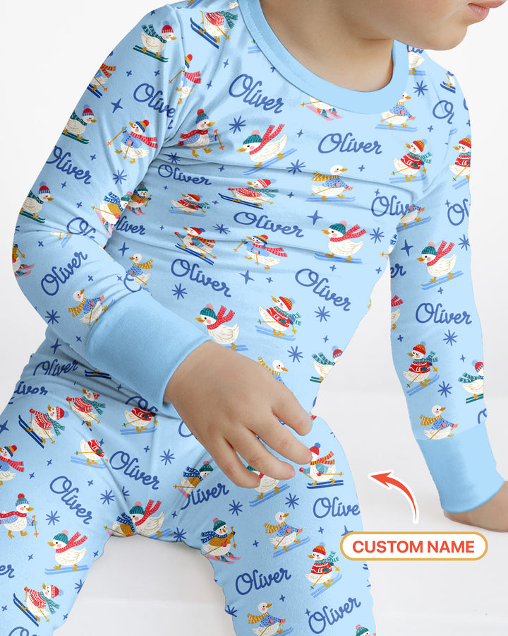 Custom Name Skiing Goose Bamboo Two Piece Long Sleeve Pajama Set