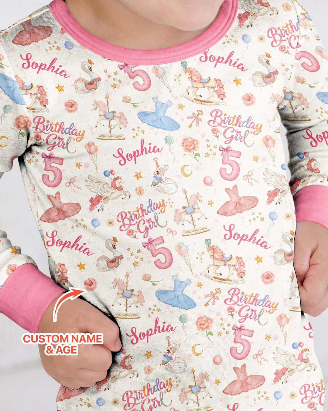 Ballerina Birthday Girl Custom Name & Age Bamboo Two Piece Long Sleeve Pajama Set