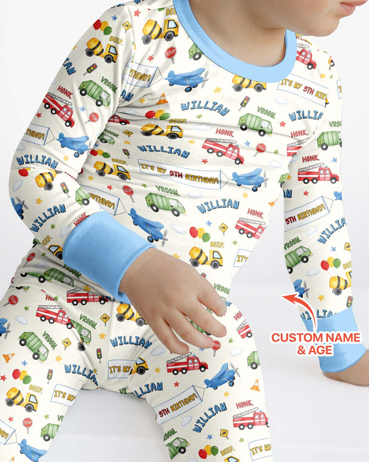 Personalized Transportation Birthday Bamboo Two Piece Long Sleeve Pajama Set