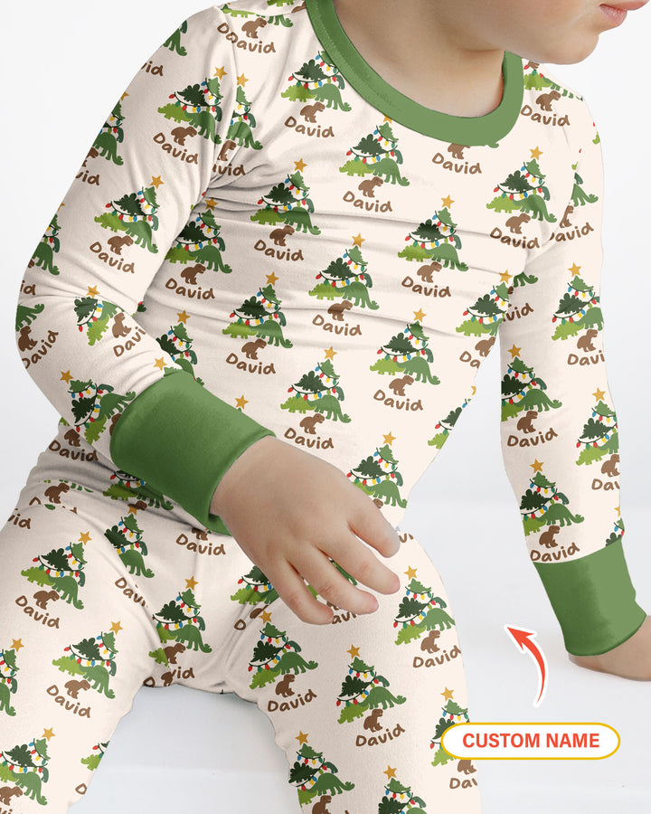 Dino Christmas Tree Bamboo Two Piece Long Sleeve Pajama Set