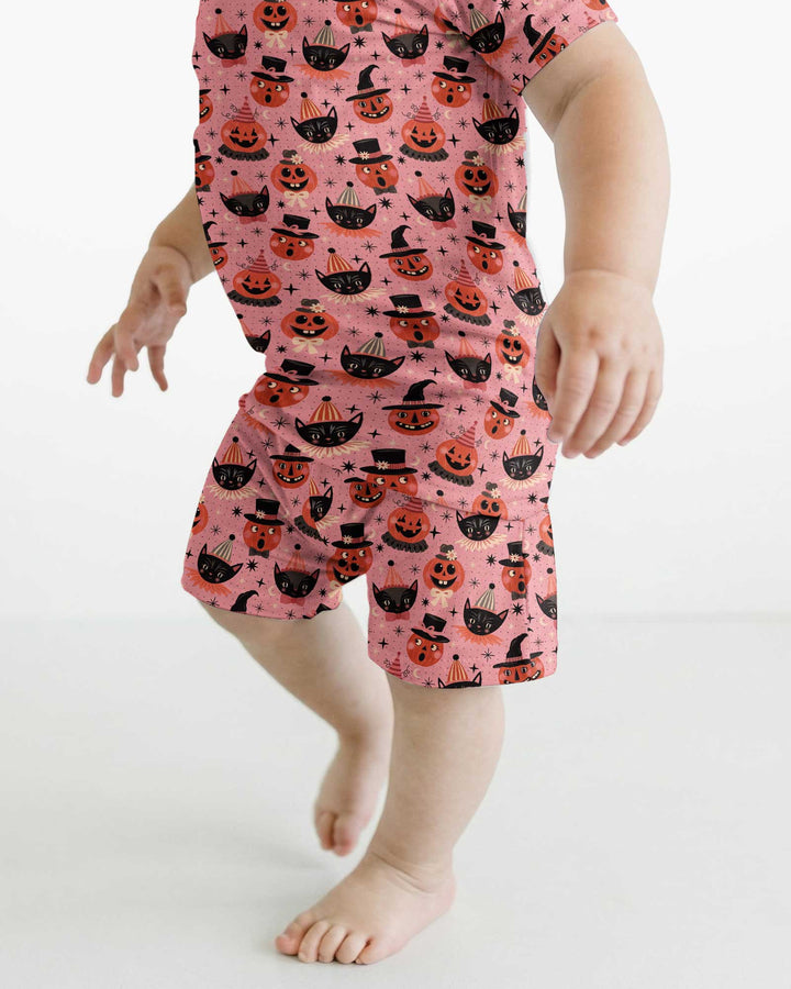 Retro Halloween Cats and Funny Pumpkins Bamboo Two Piece Short Sleeve Shorts Pajama Set