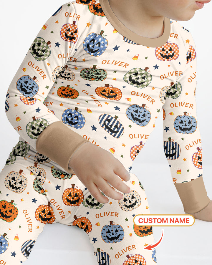 Custom Name Colorful Jack O Lantern Bamboo Two Piece Long Sleeve Pajama Set