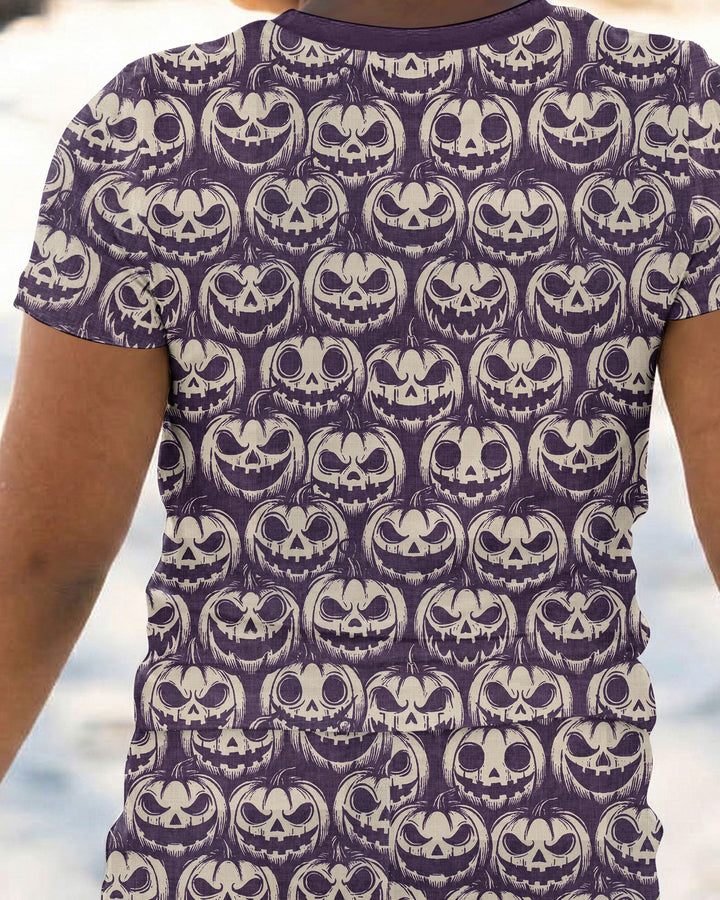 Retro Halloween Jack-O-Lantern Spooky Faces Bamboo Two Piece Short Sleeve Pajama Set